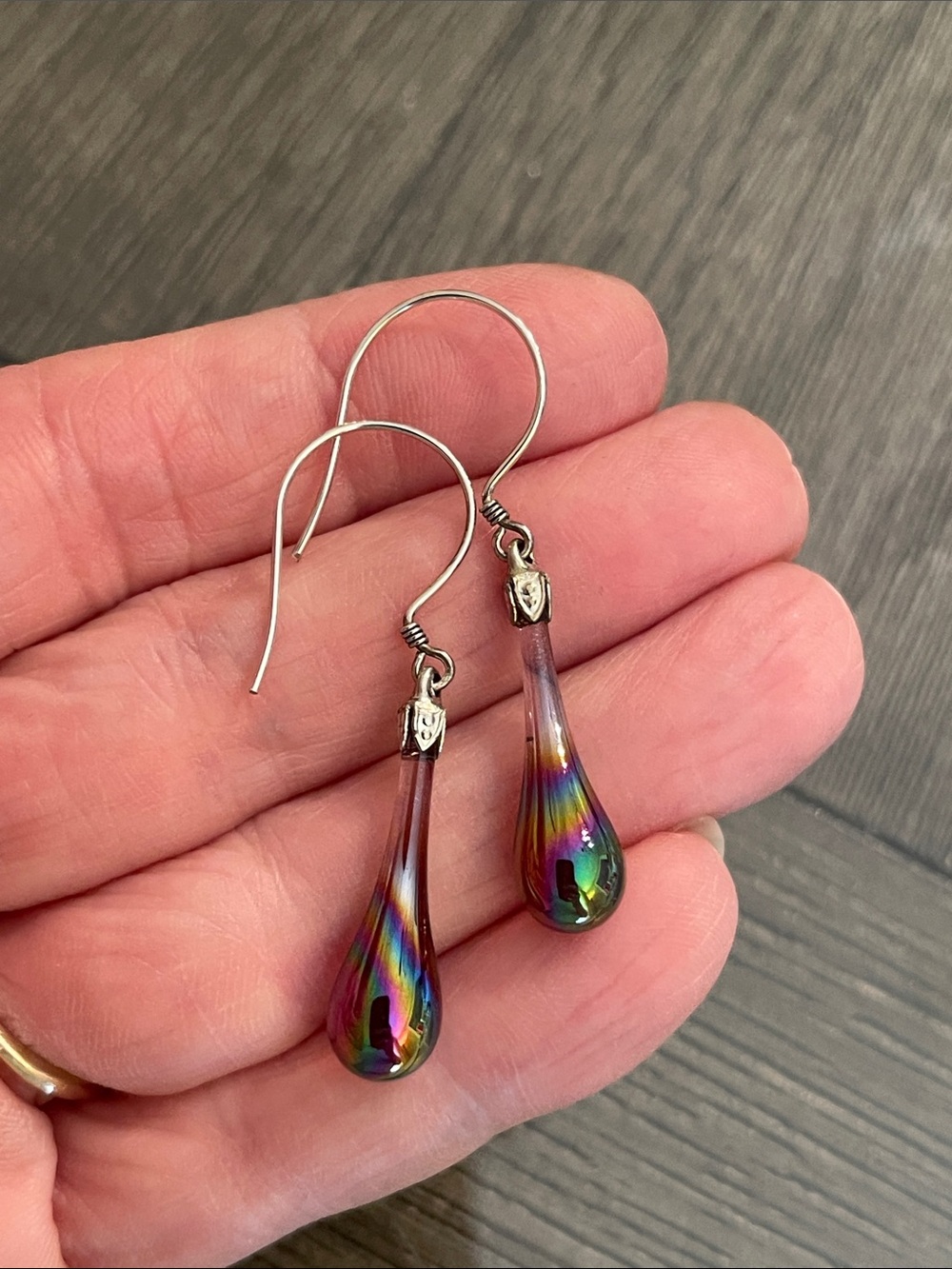 FENTON Carnival Art Glass Tear Drop Earrings Iridescent .925 Sterling Wire NWT - Picture 8 of 16